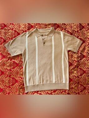 Men's Short-Sleeve Polo in Beige with Ivory Stripes